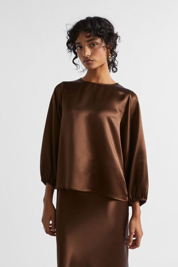 Satin Balloon Sleeve Top  Hot Chocolate  hi-res