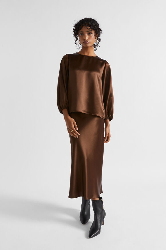 Satin Balloon Sleeve Top  Hot Chocolate  hi-res