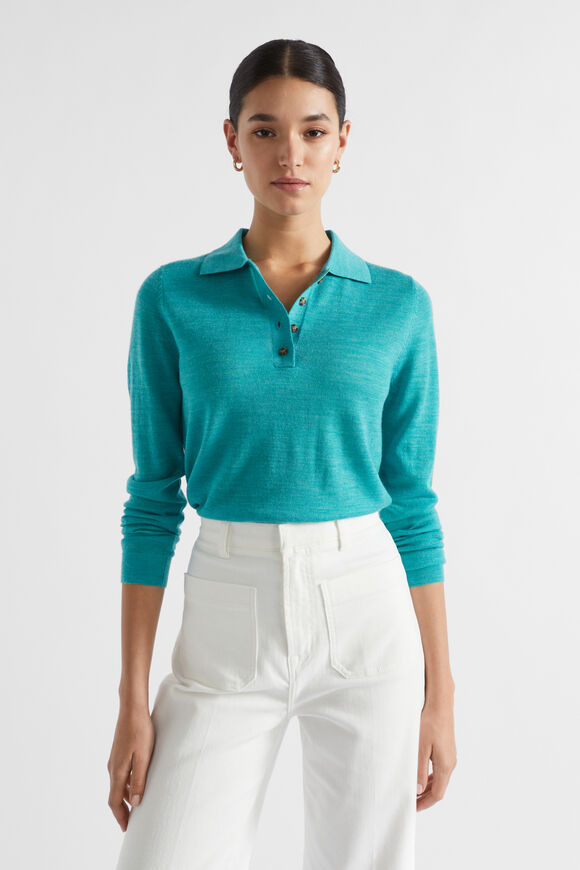 Button Down Polo Knit  Peacock Blue Marle  hi-res