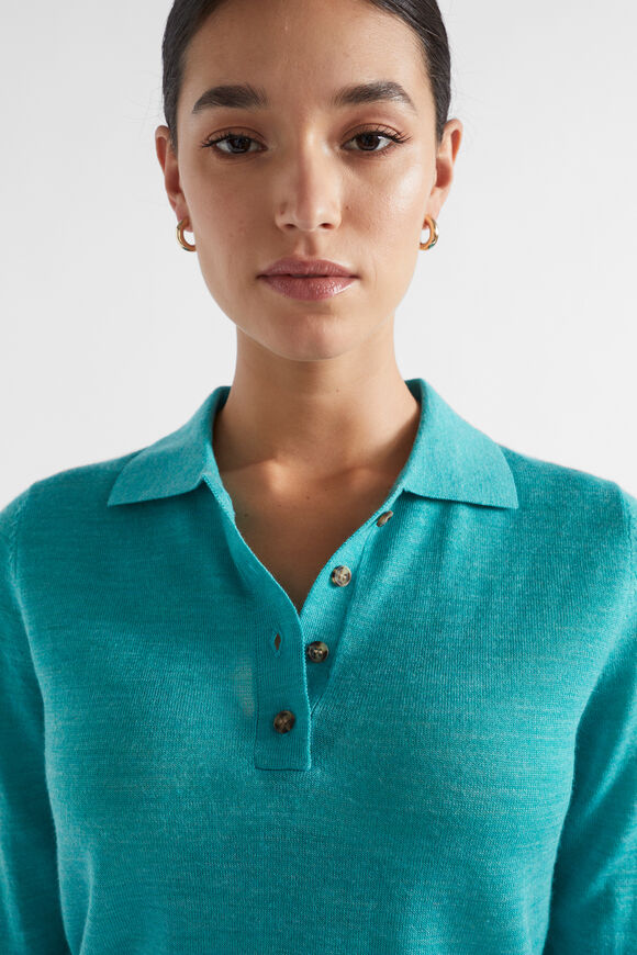 Button Down Polo Knit  Peacock Blue Marle  hi-res