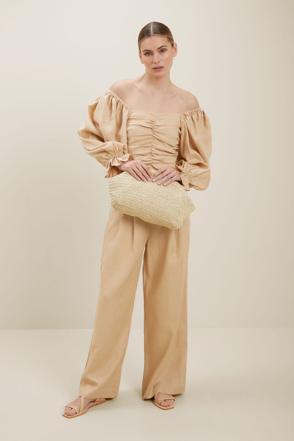 Linen Ruched Blouse  Neutral Sand