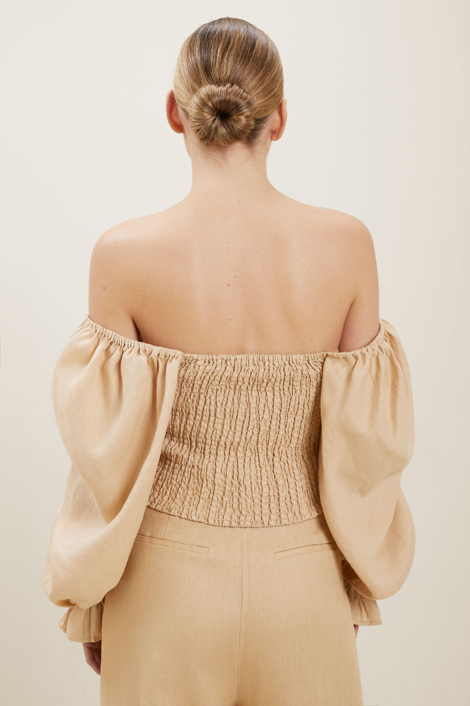 Linen Ruched Blouse  Neutral Sand
