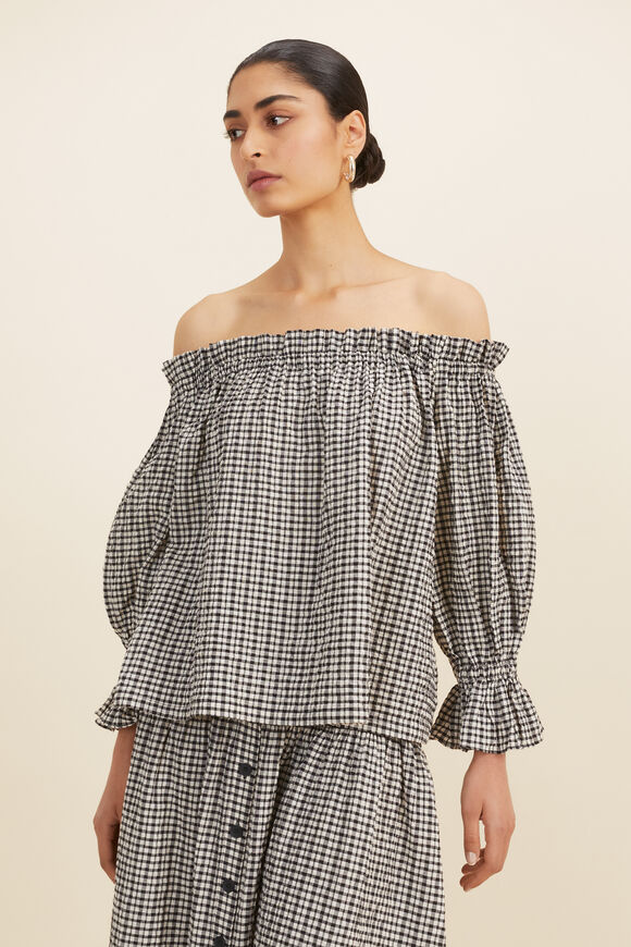 Gingham Off Shoulder Top  Neutral Gingham  hi-res