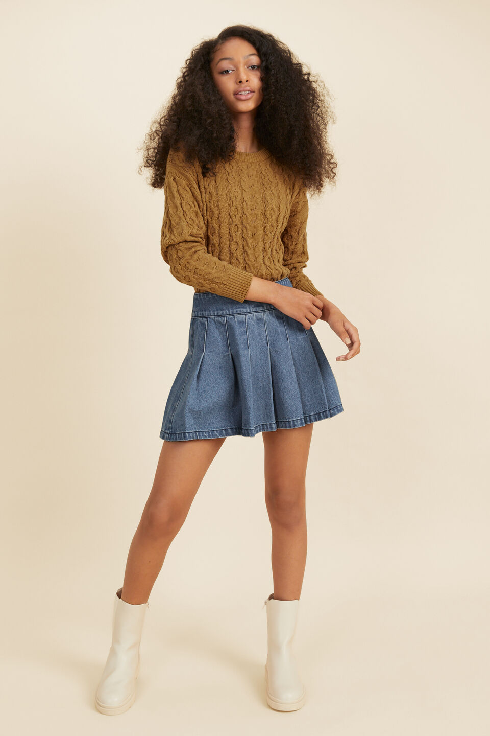 Denim Pleat Skirt  Washed Blue