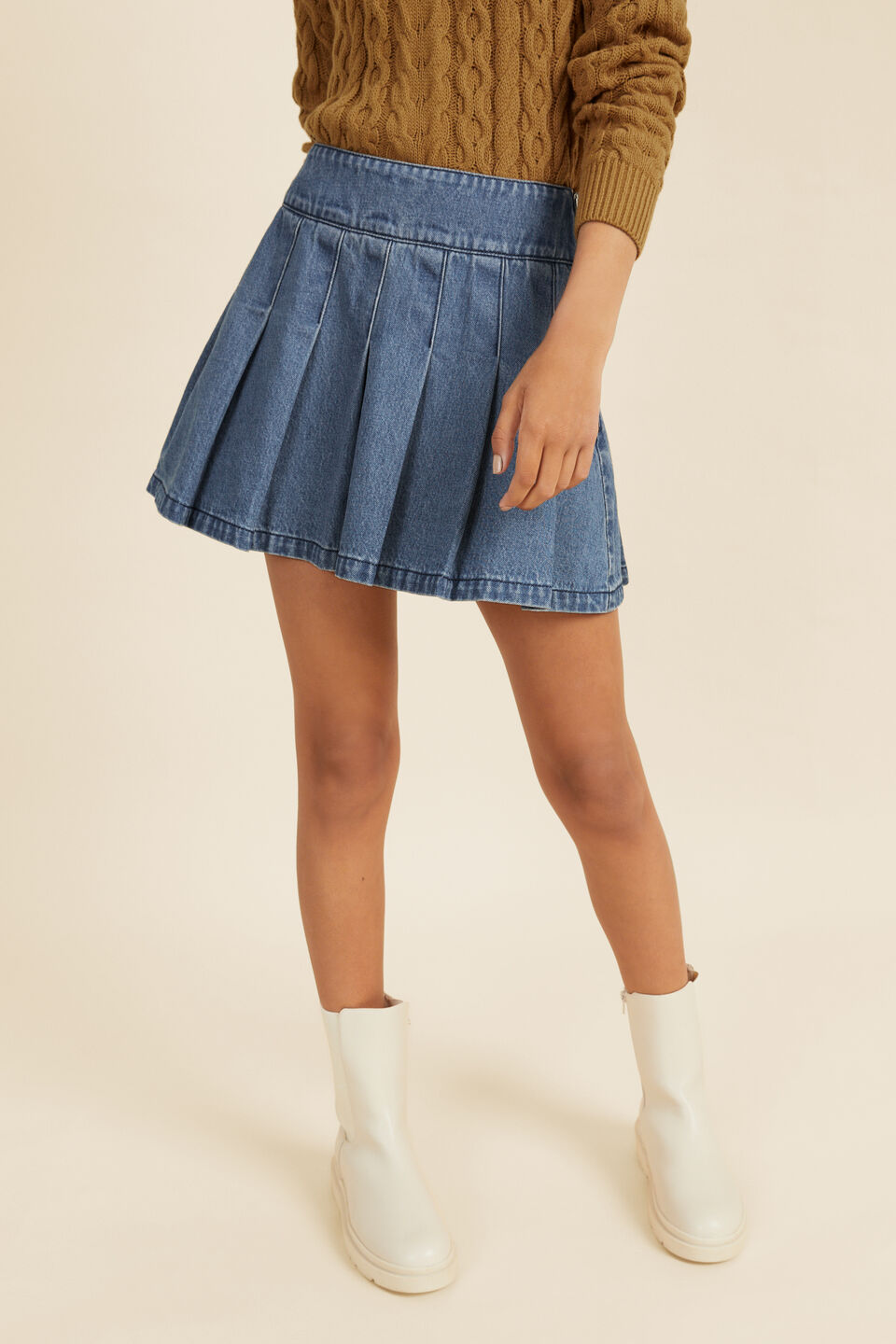 Denim Pleat Skirt  Washed Blue
