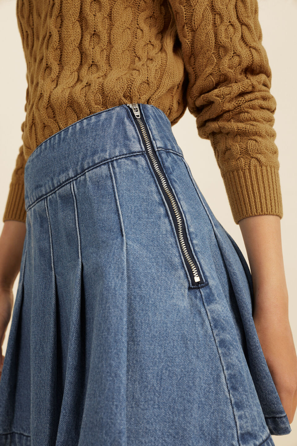 Denim Pleat Skirt  Washed Blue