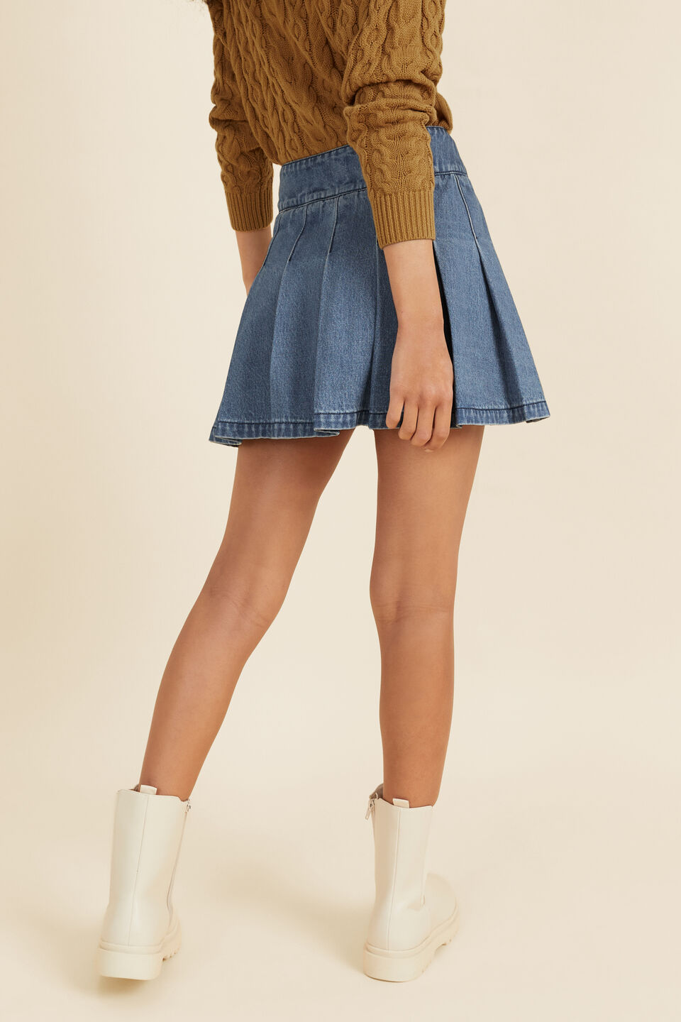 Denim Pleat Skirt  Washed Blue