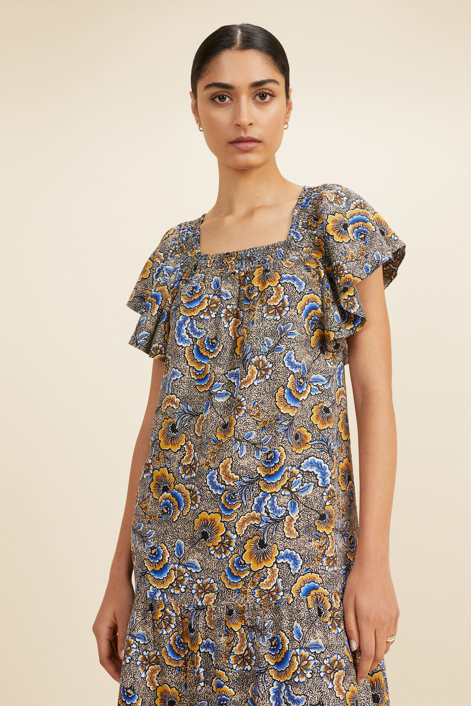 Floral Flutter Sleeve Midi Dress  Turmeric Floral