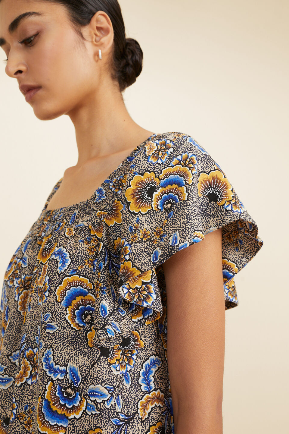 Floral Flutter Sleeve Midi Dress  Turmeric Floral