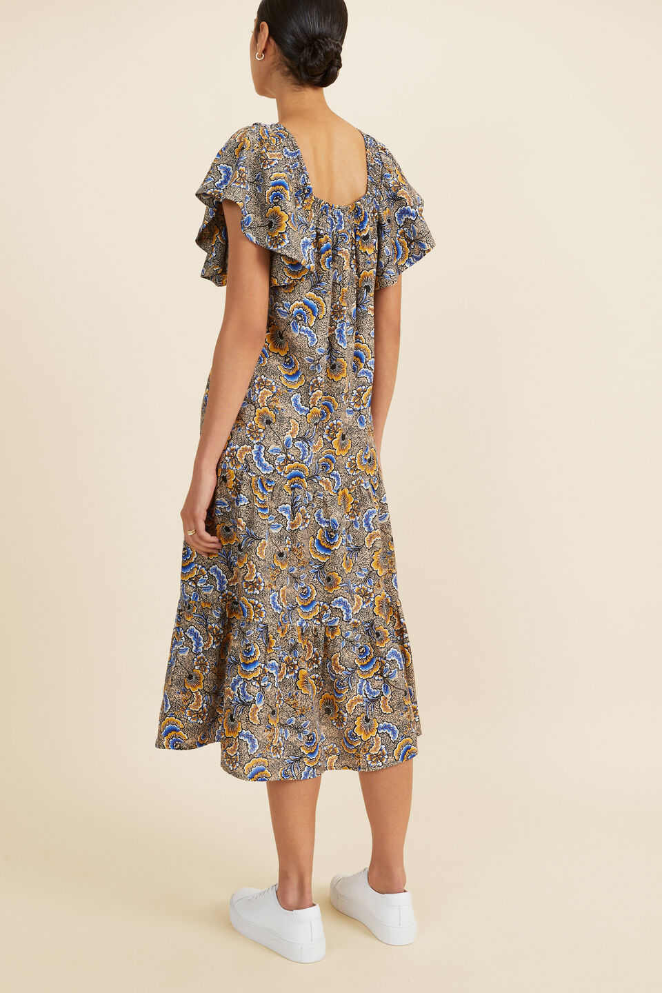 Floral Flutter Sleeve Midi Dress  Turmeric Floral