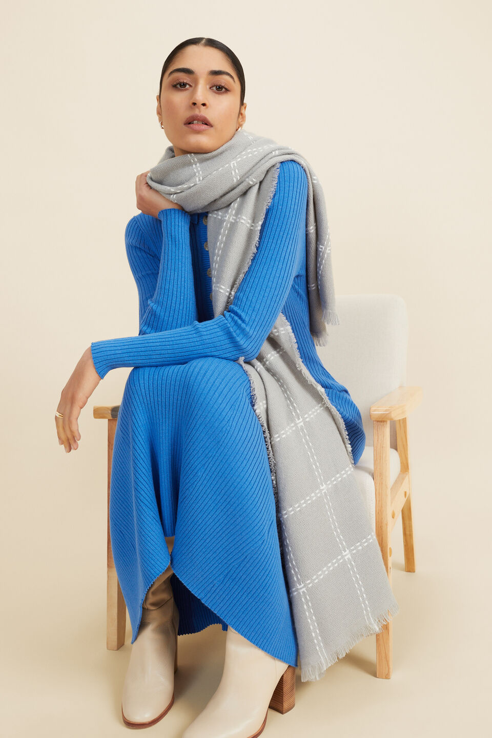 Wool Blend Fine Check Scarf  Grey Marle
