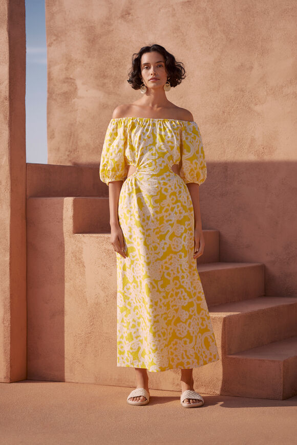 Floral Cut Away Maxi Dress  Gold Amber Floral  hi-res