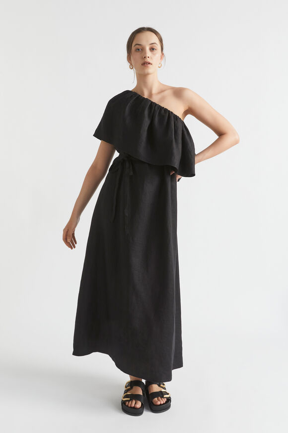 Linen One Shoulder Maxi Dress  Black  hi-res