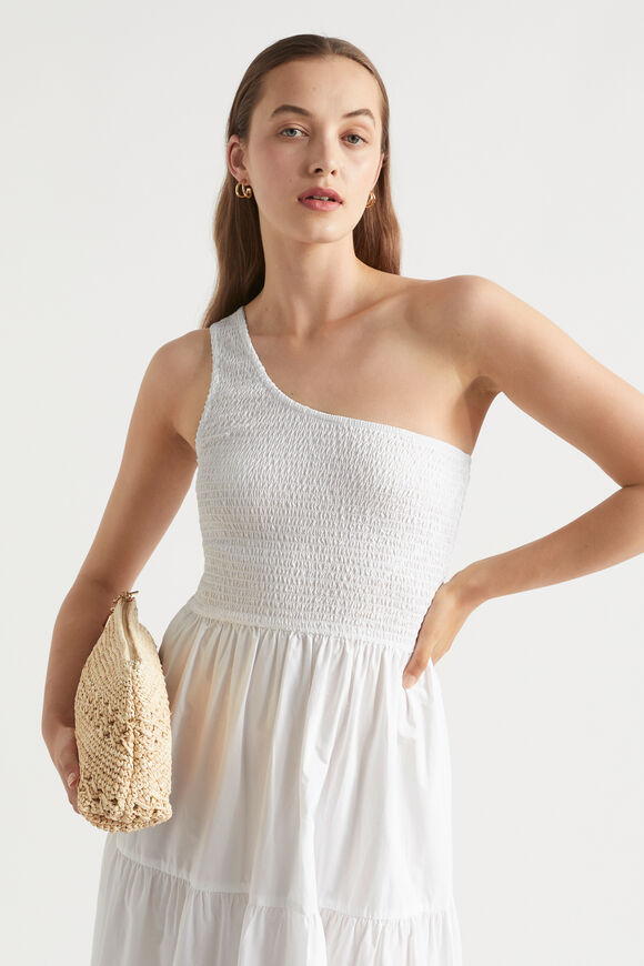 Poplin Shirred One Shoulder Maxi Dress  Whisper White  hi-res
