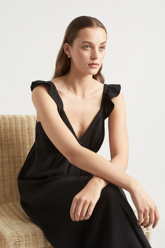Cheesecloth Frill Detail Maxi Dress  Black  hi-res