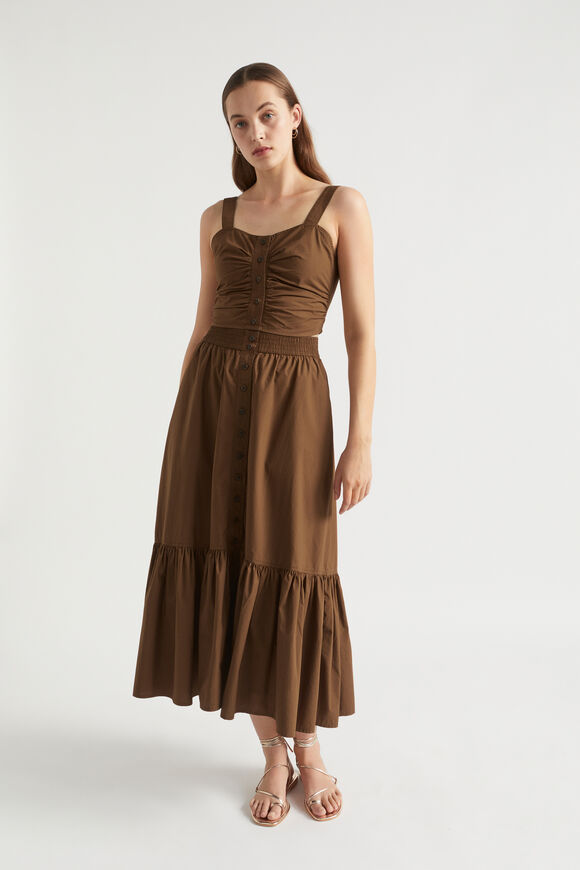 Poplin Button Front Midi Skirt  Pecan Brown  hi-res