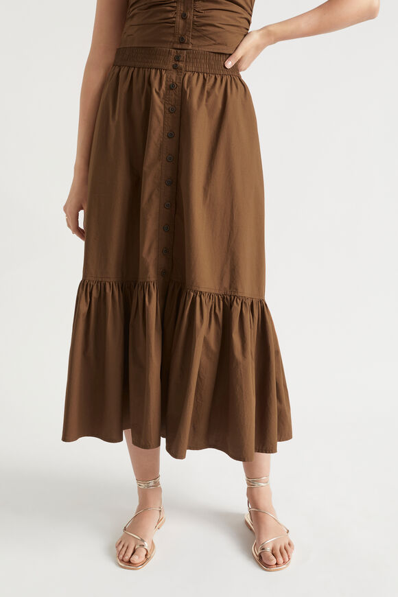 Poplin Button Front Midi Skirt  Pecan Brown  hi-res