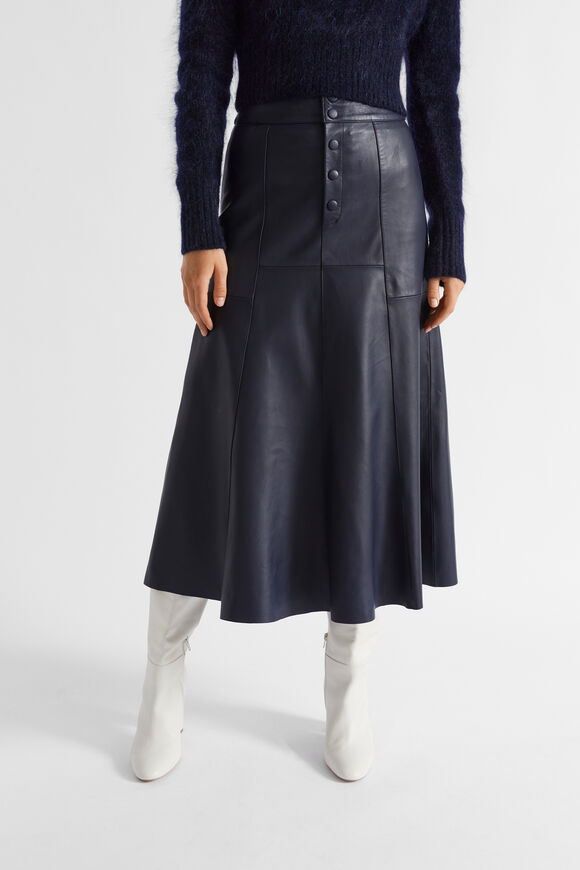 Leather Button Midi Skirt  Midnight Sky  hi-res