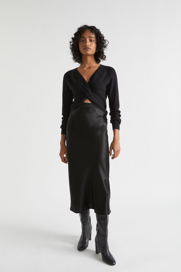 Satin Slip Midi Skirt  Black  hi-res