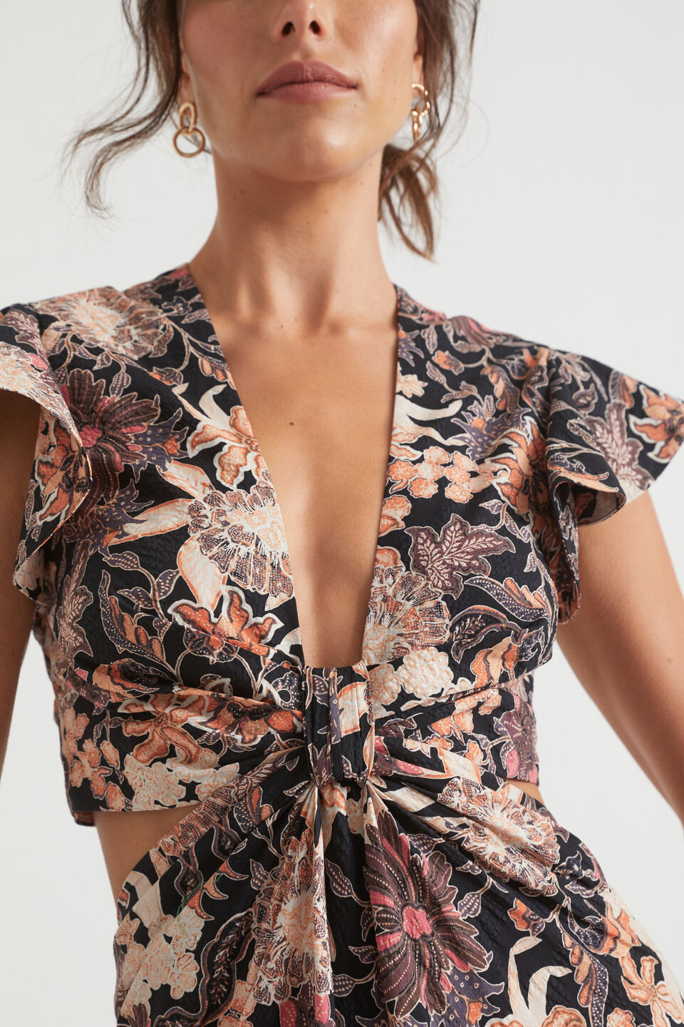 Floral Knot Front Textured Midi Dress  Peach Bloom Floral