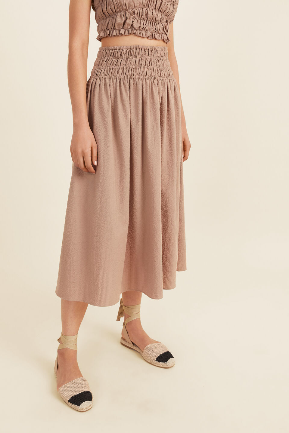 Self Stripe Ruched Midi Skirt  Mocha Brown