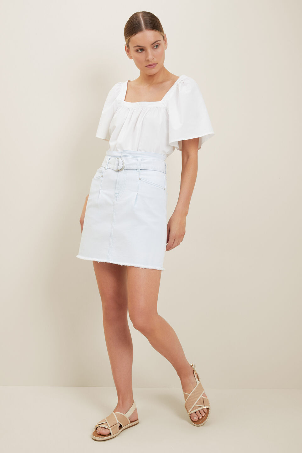 Belted Denim Mini Skirt  Pale Blue Wash