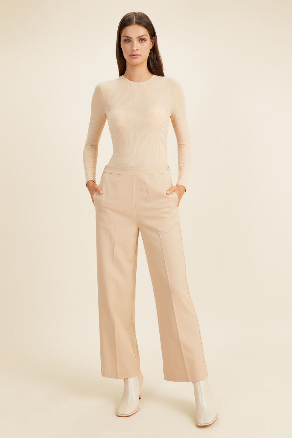 Core Rib Long Sleeve Top  Champagne Beige