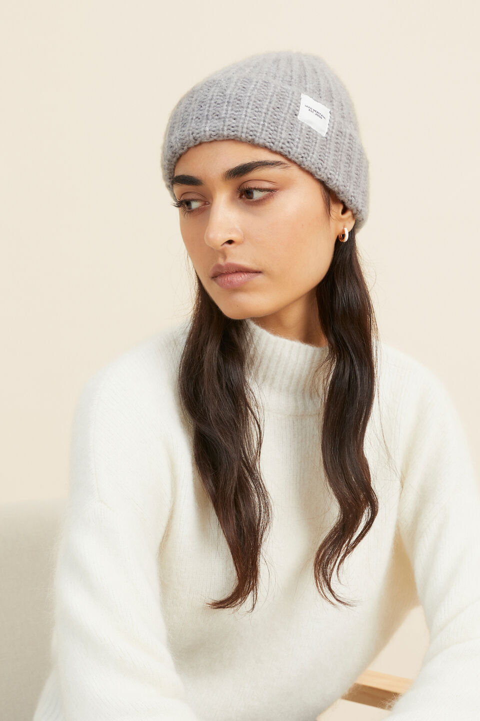 Chunky Knit Turnup Beanie  Silver Marle
