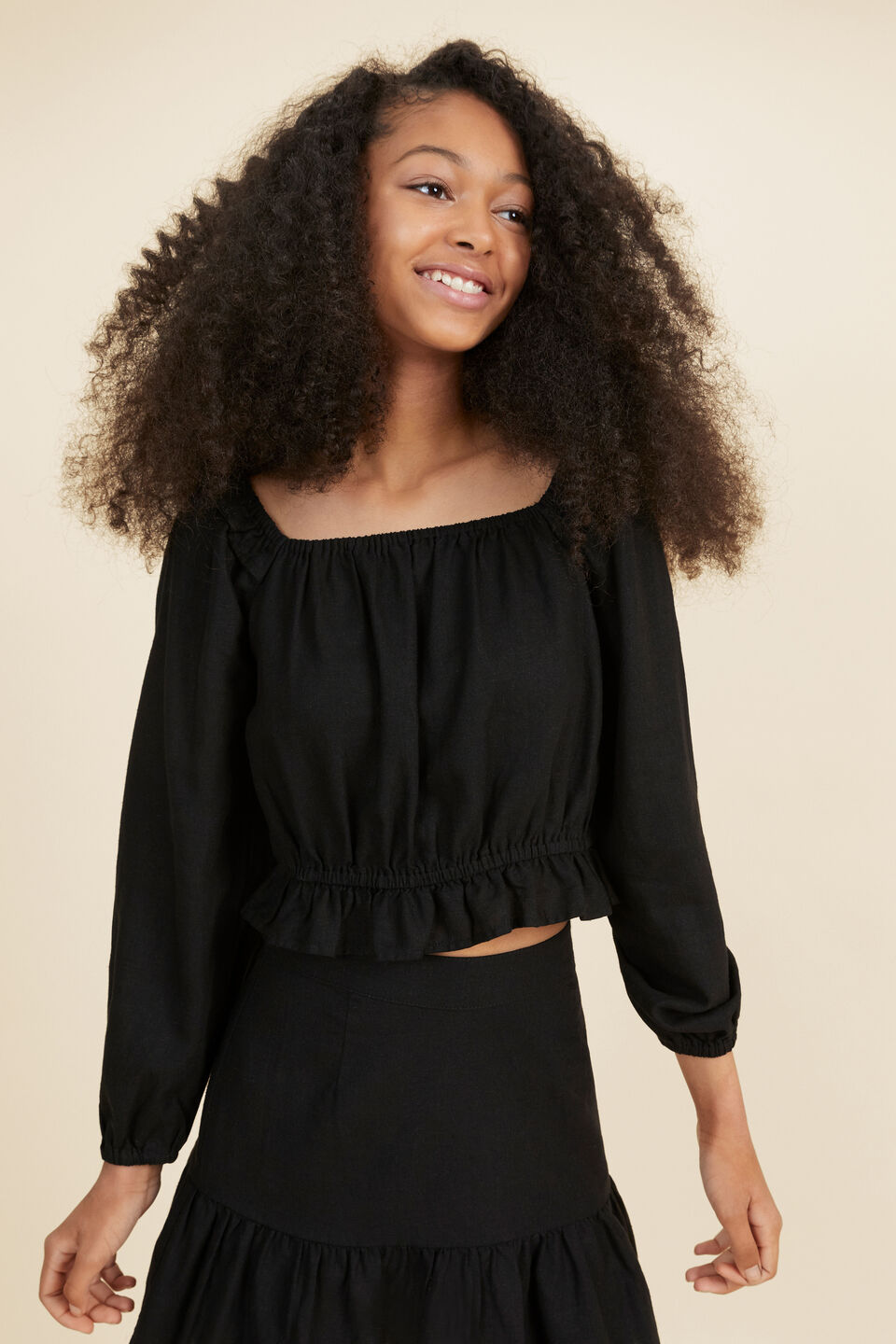 Linen Frill Top  Black