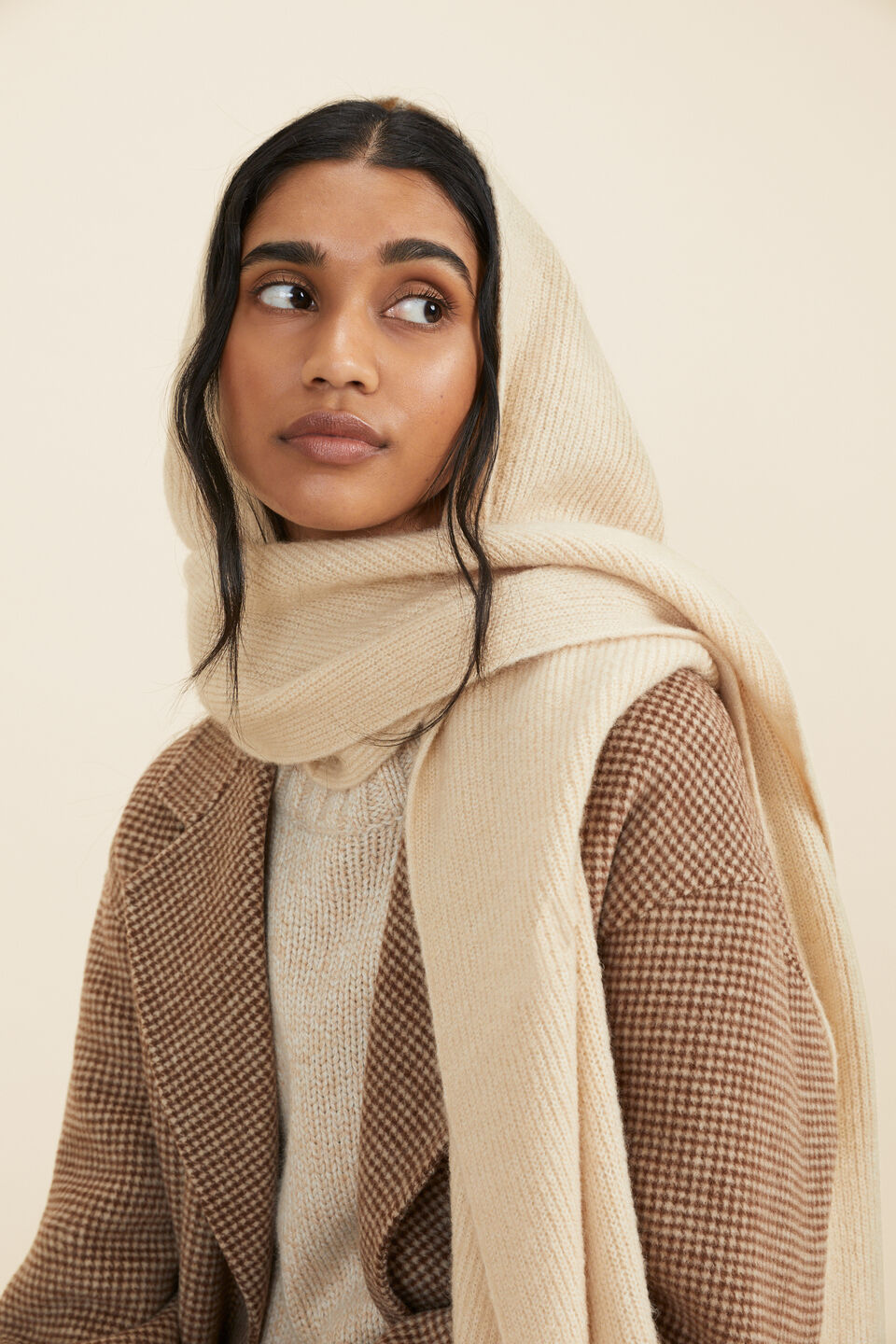 Knitted Hood Scarf  Pebble Cream Marle