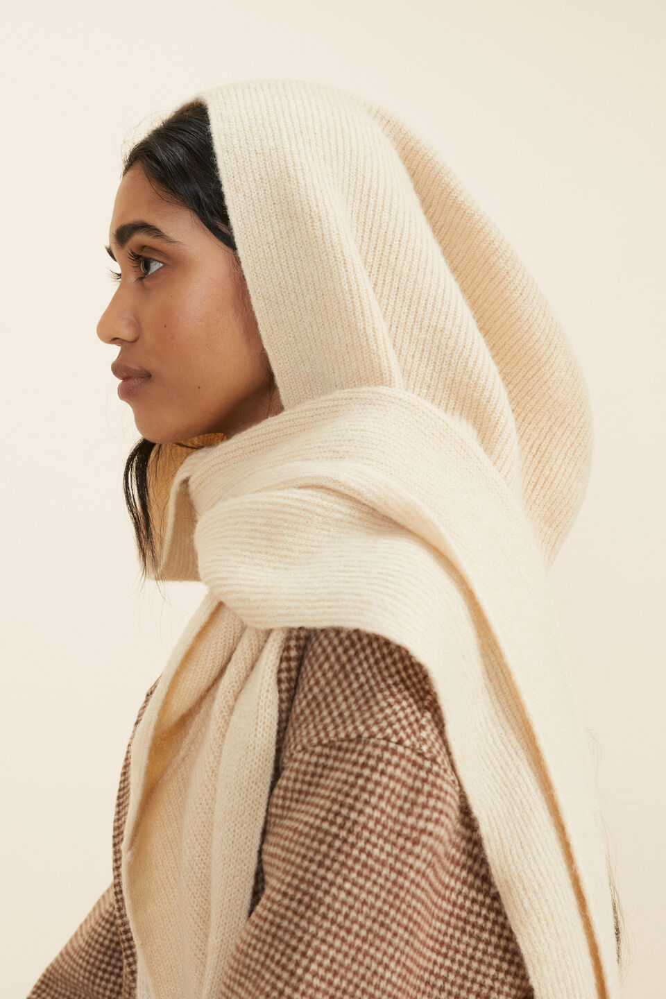 Knitted Hood Scarf  Pebble Cream Marle