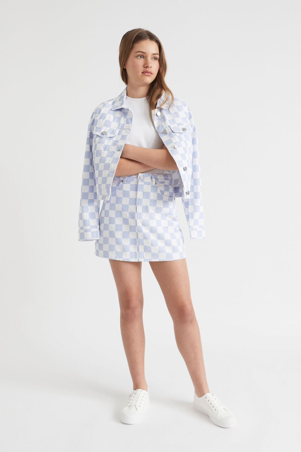 Check Denim Skirt  Sky Blue