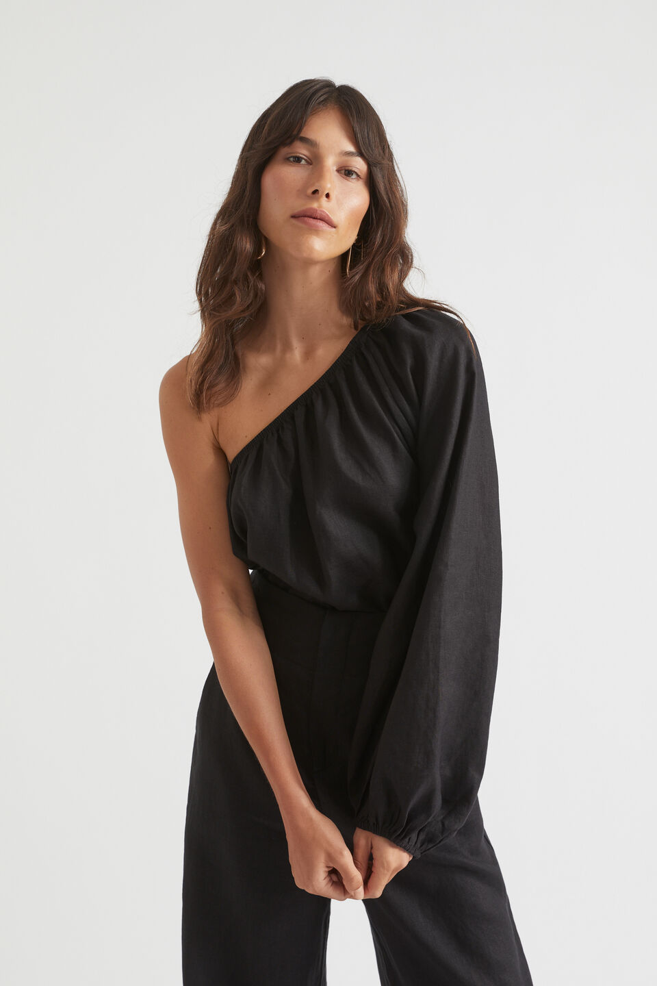Linen One Shoulder Top  Black