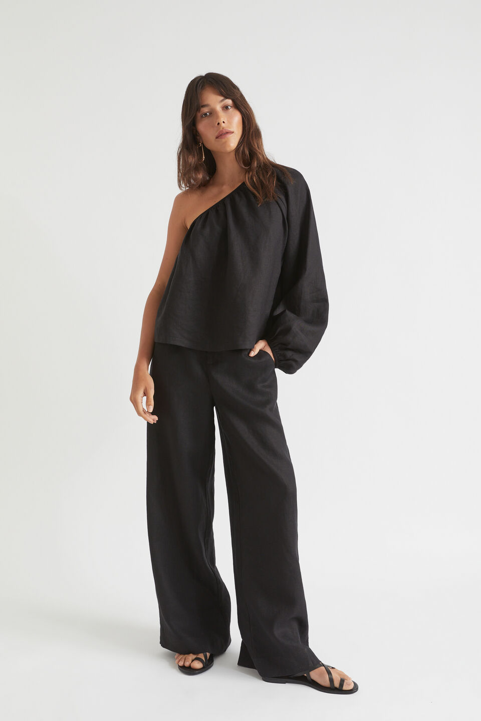 Linen One Shoulder Top  Black
