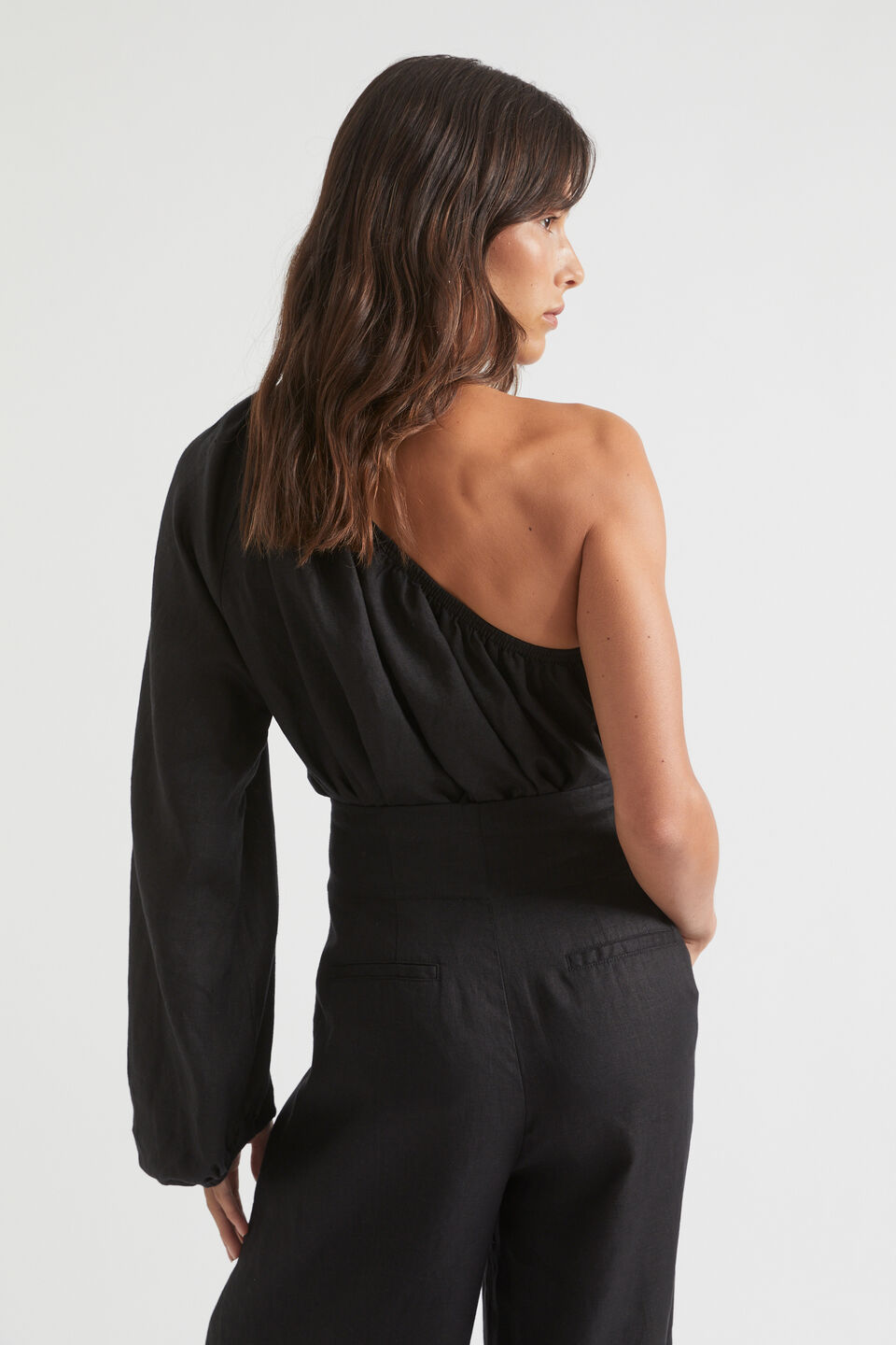 Linen One Shoulder Top  Black