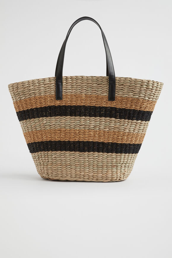 Textured Stripe Straw Tote  Natural Black  hi-res