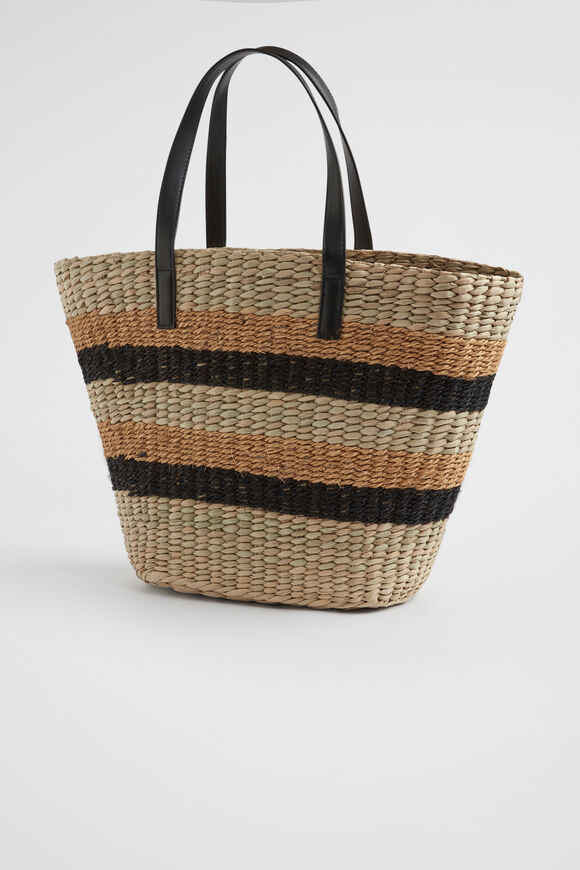 Textured Stripe Straw Tote  Natural Black  hi-res