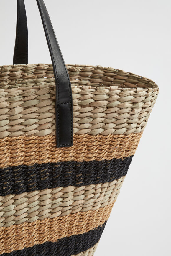 Textured Stripe Straw Tote  Natural Black  hi-res