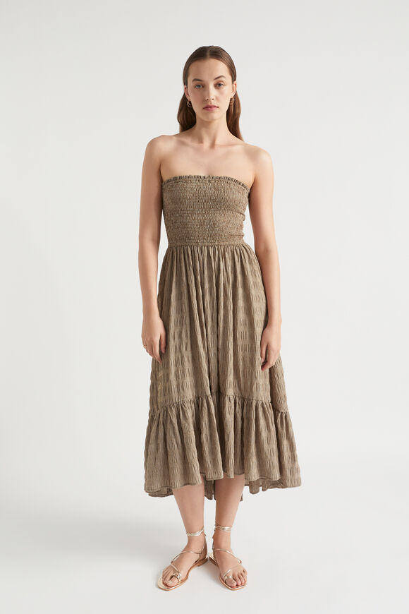 Textured Gingham Strapless Midi Dress  Pecan Brown Gingham  hi-res