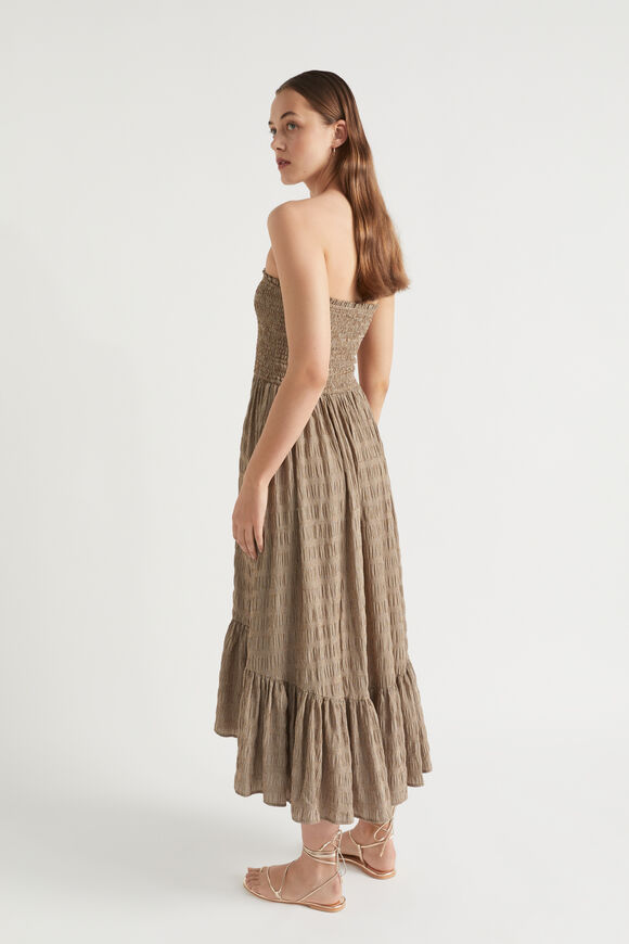 Textured Gingham Strapless Midi Dress  Pecan Brown Gingham  hi-res