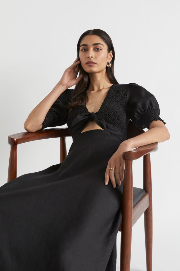 Linen Shirred Tie Front Midi Dress  Black  hi-res