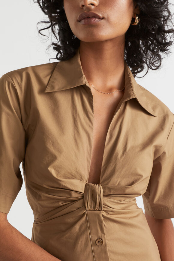 Knot Front Poplin Shirt Dress  Deep Brass  hi-res