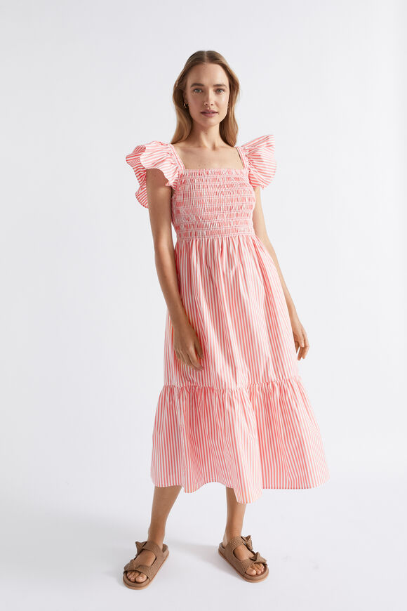 Poplin Stripe Shirred Midi Dress  Primrose Stripe  hi-res