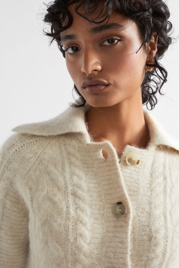 Collared Cable Knit Cardigan  Vanilla Cream Marle  hi-res