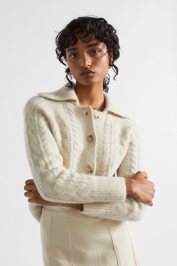 Collared Cable Knit Cardigan  Vanilla Cream Marle  hi-res