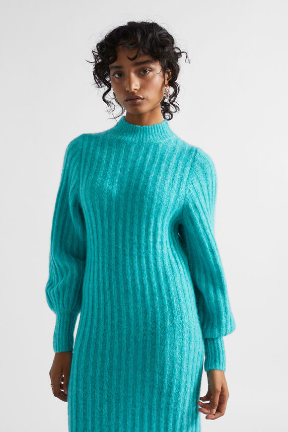 Wool Blend Knit Midi Dress  Peacock Blue Marle  hi-res