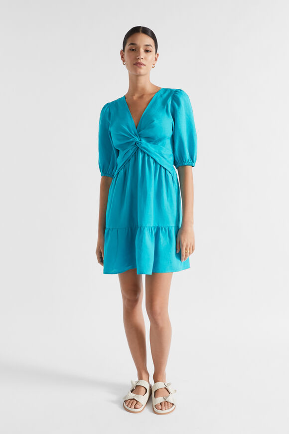 Linen Twist Front Mini Dress  Peacock Blue  hi-res
