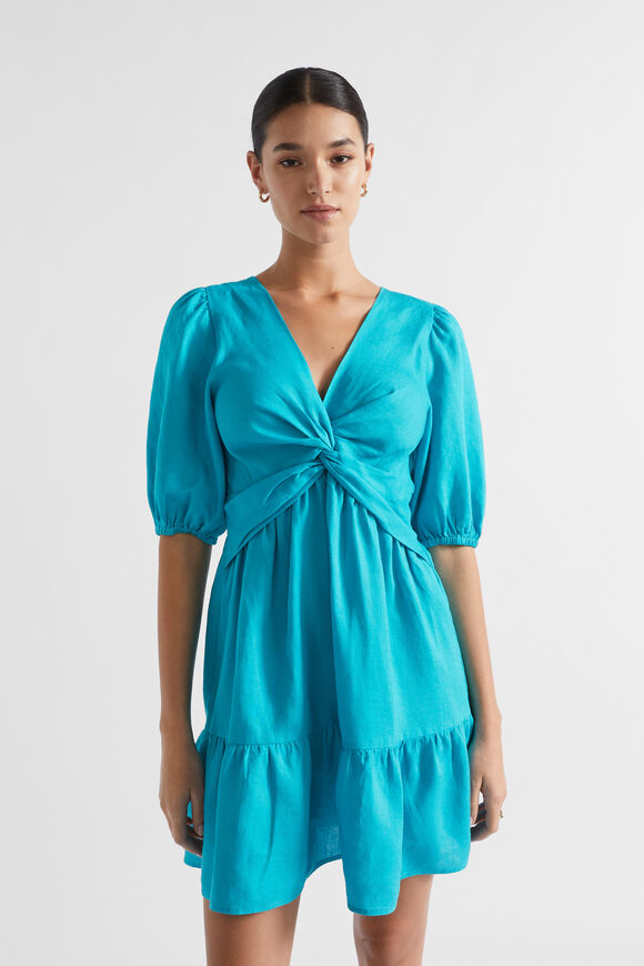 Linen Twist Front Mini Dress  Peacock Blue  hi-res