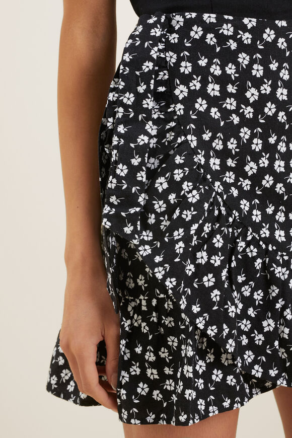 Floral Linen Frill Skirt  Black White  hi-res