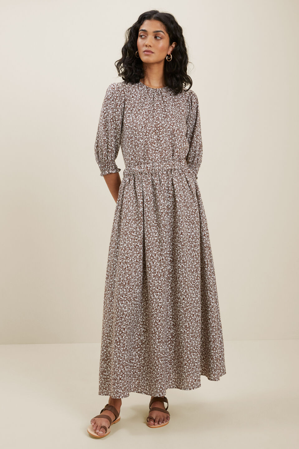 Ditsy Puff Sleeve Top  Russet Brown Ditsy